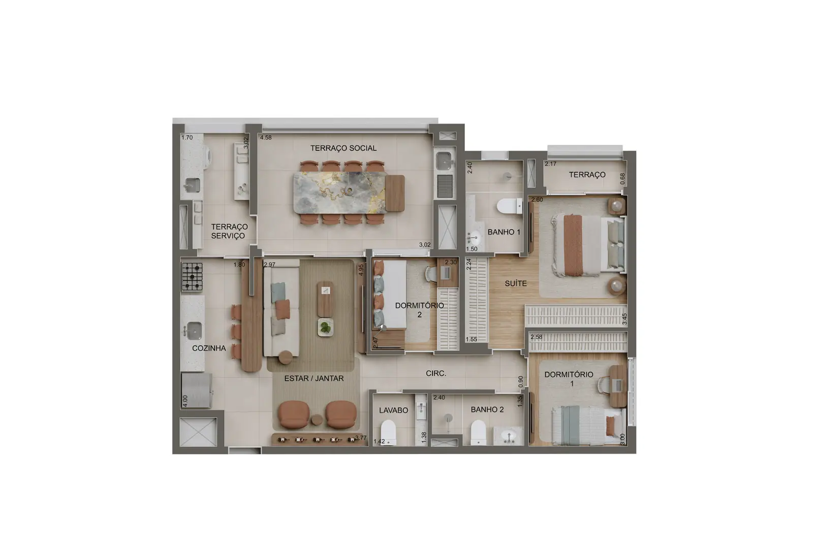 99m² | 2 Dorms. e 1 suíte c/ lavabo · Perspectiva artística