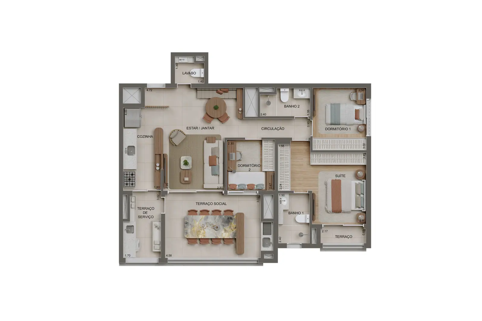 100m² | 3 Dorms. (1 suíte) c/ lavabo · Perspectiva artística