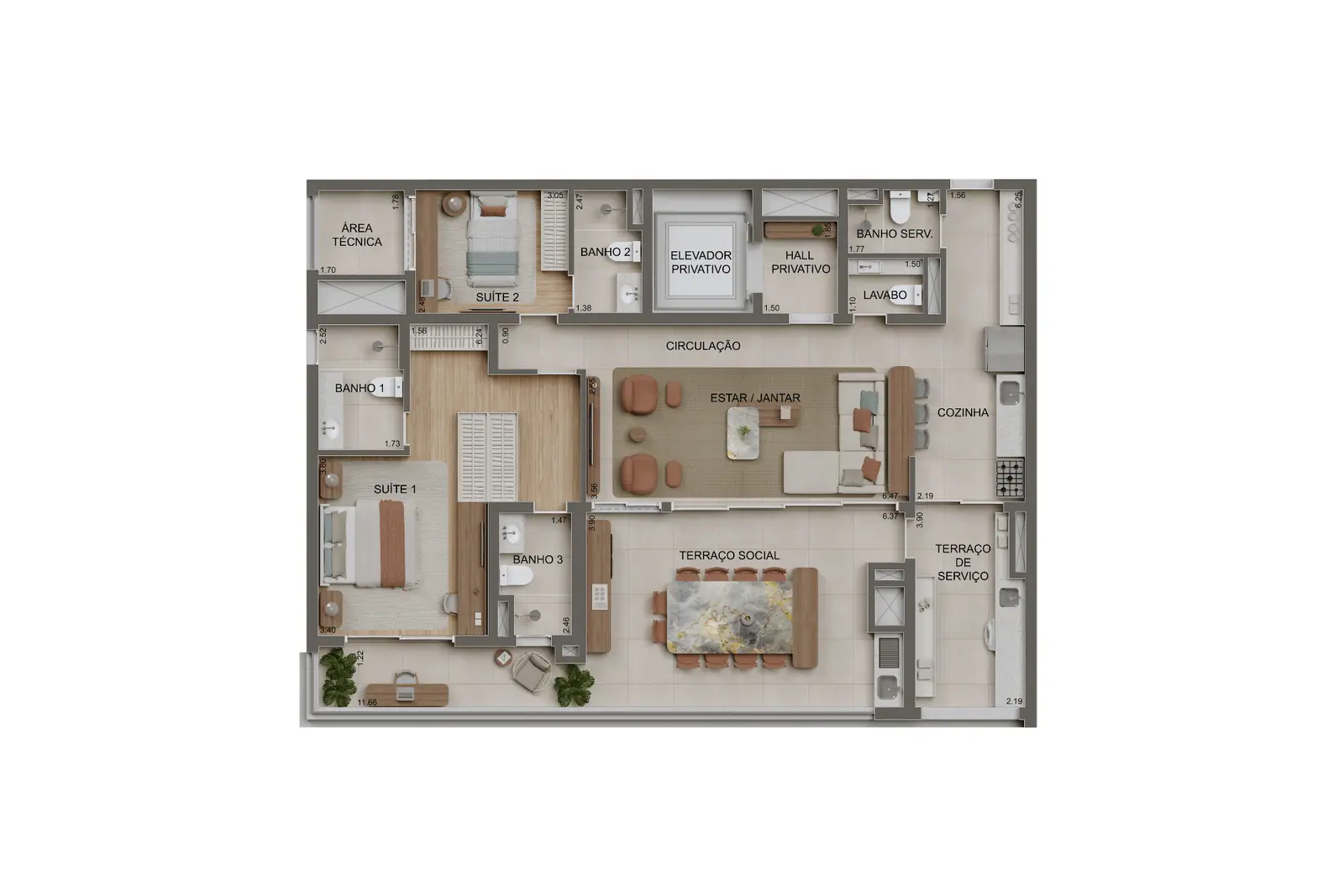 147m² | 2 suítes opção ampliada c/ lavabo · Perspectiva artística