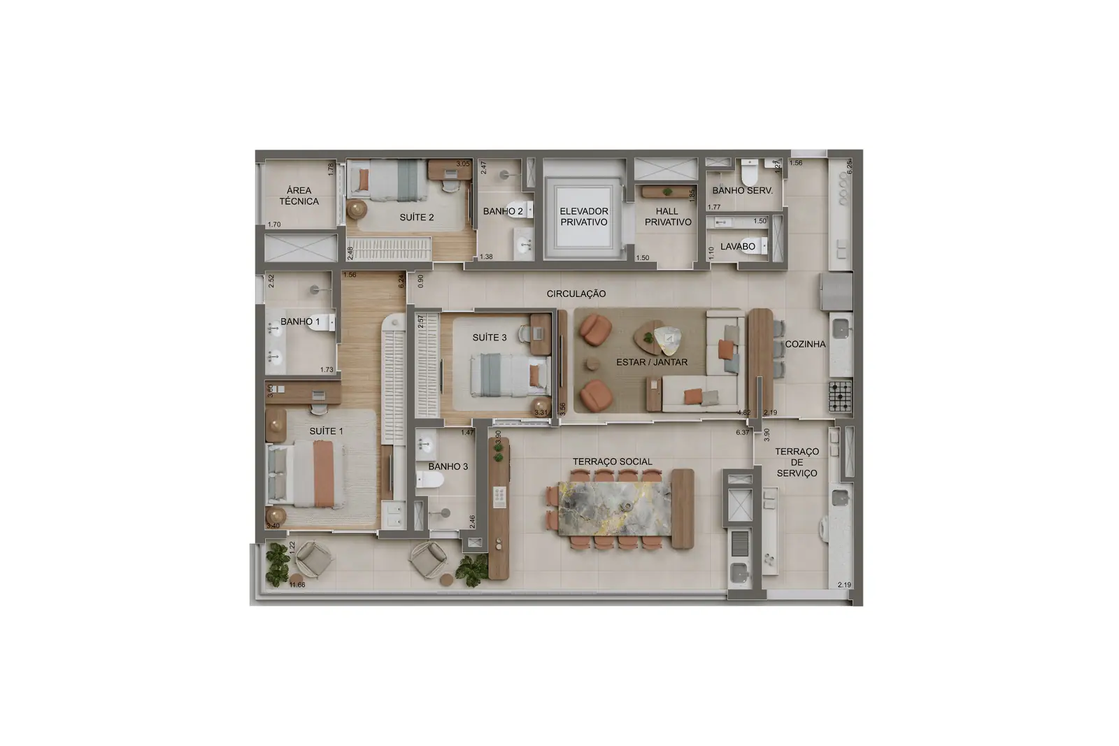 147m² | 3 suítes c/ lavabo · Perspectiva artística