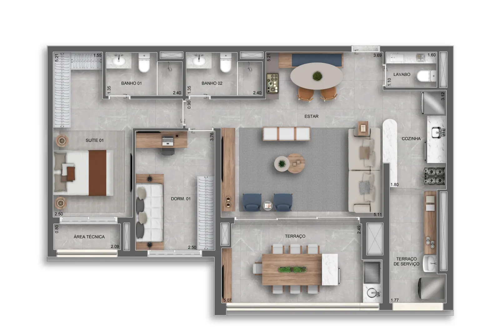 96m² | 2 Dorms opção ampliada (1 suíte) · Perspectiva artística