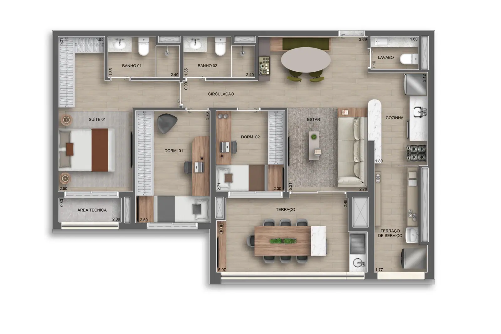 96m² | 3 Dorms (1 suíte) c/ lavabo · Perspectiva artística