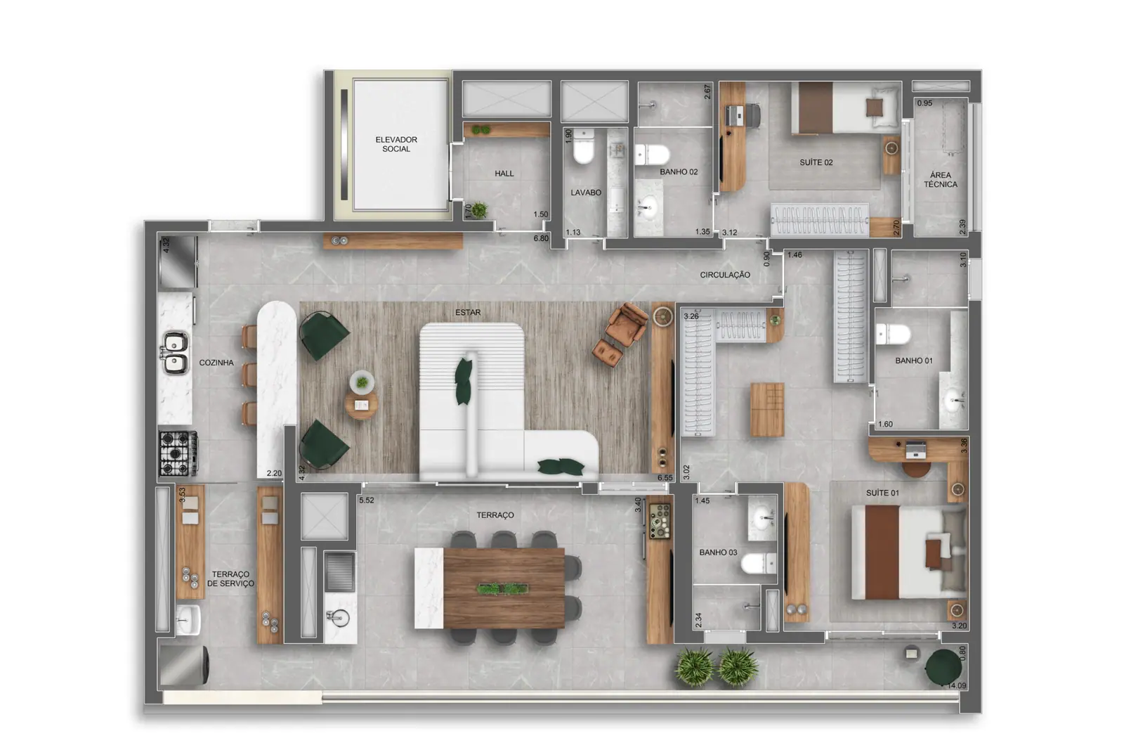 140m² | 2 suítes opção ampliada c/ lavabo · Perspectiva artística