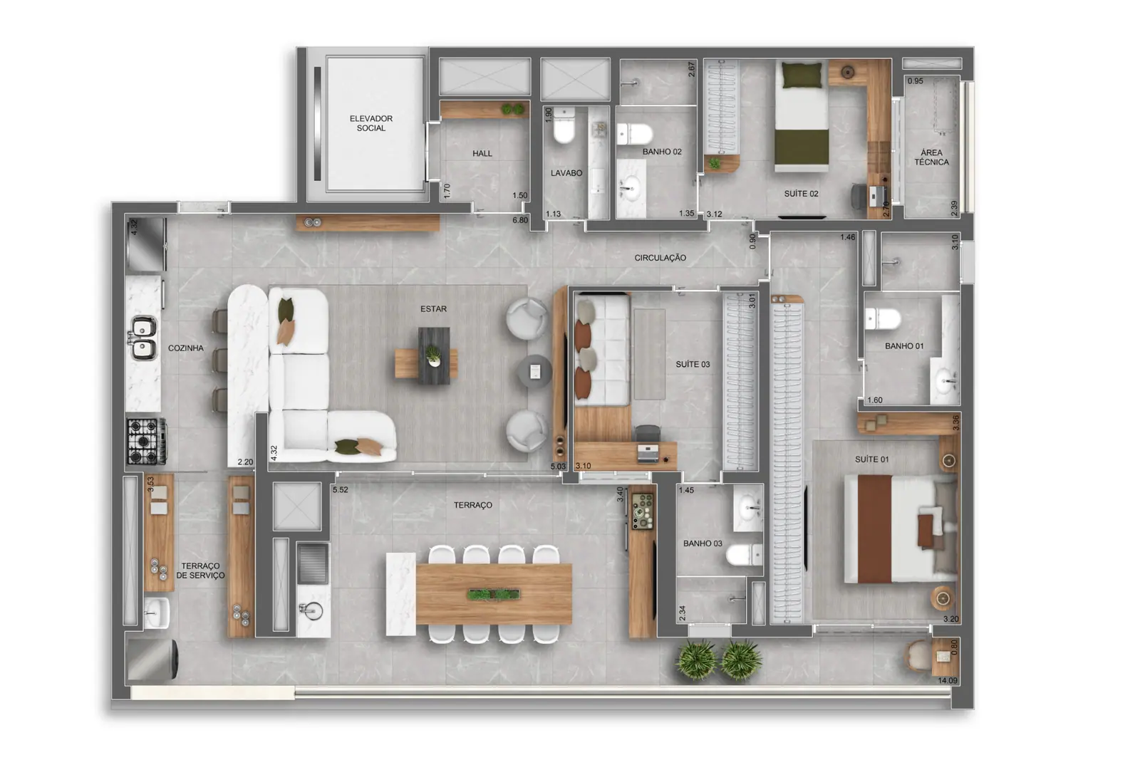 140m² | 3 suítes c/ lavabo · Perspectiva artística