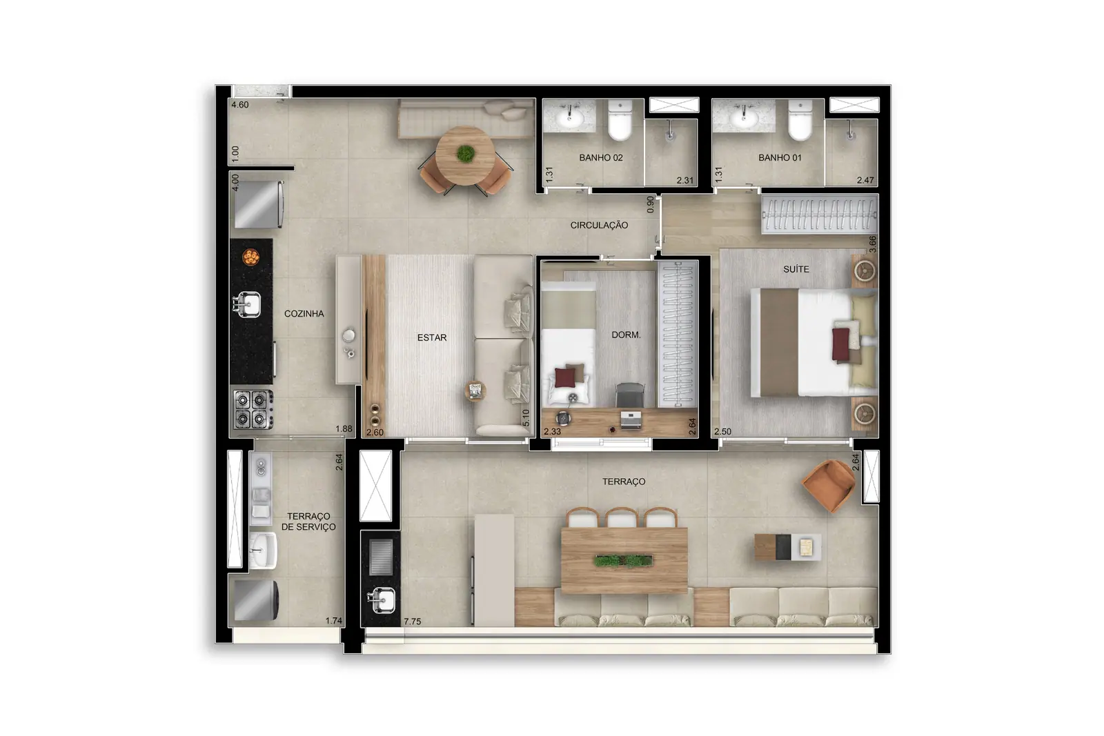 82m² | 02 Dorms. 1 suíte · Perspectiva artística