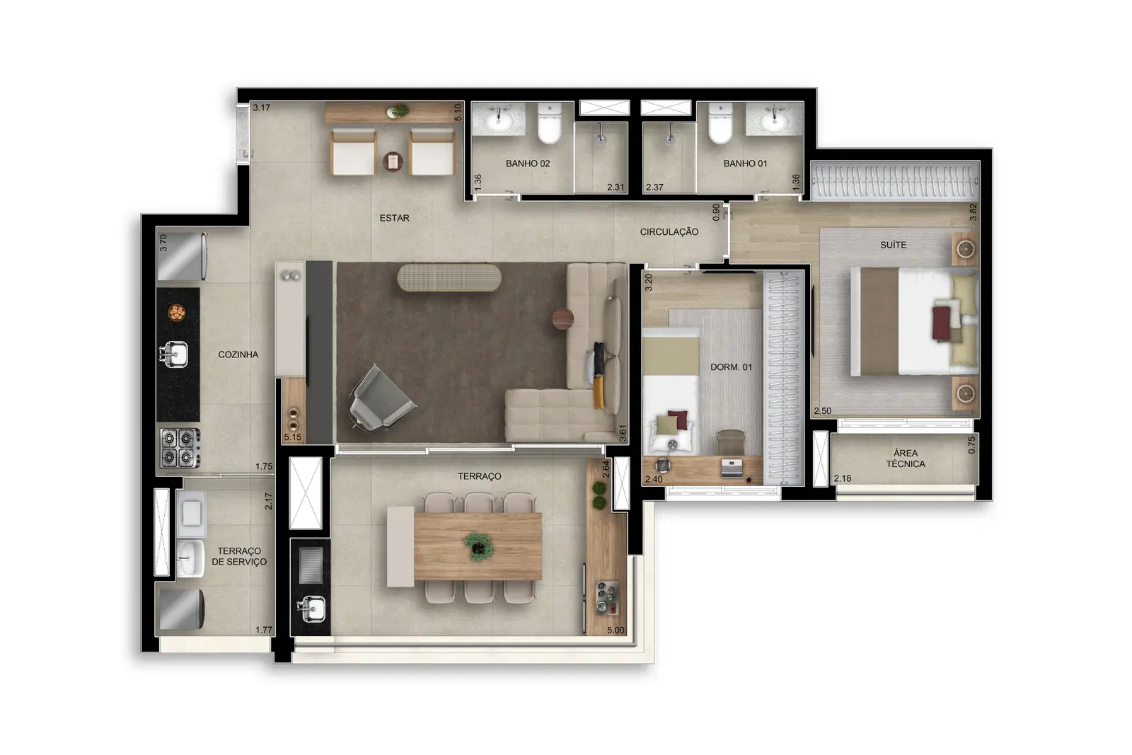 87m² | 02 dorms - Opção ampliado · Perspectiva artística