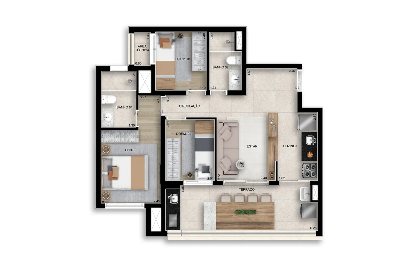 67 m² | 3 Dorms. 1 suíte · Perspectiva artística
