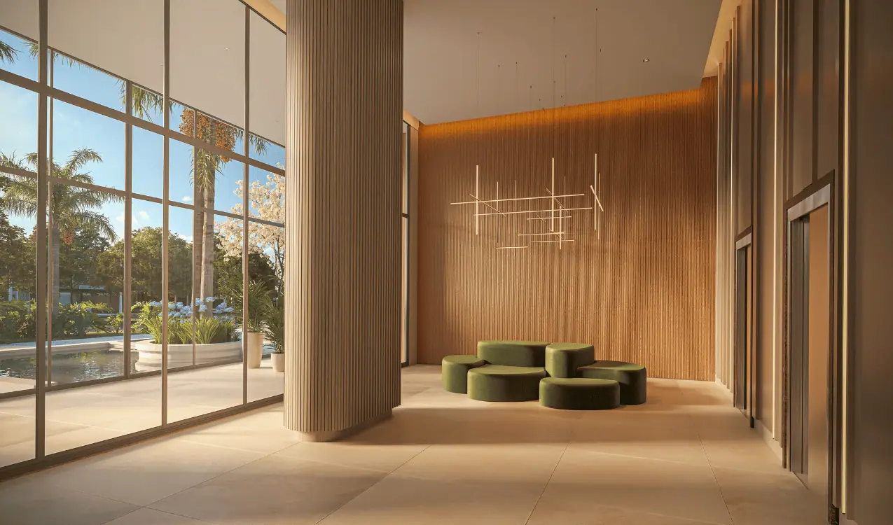 Lobby com pé direito duplo · Perspectiva artística