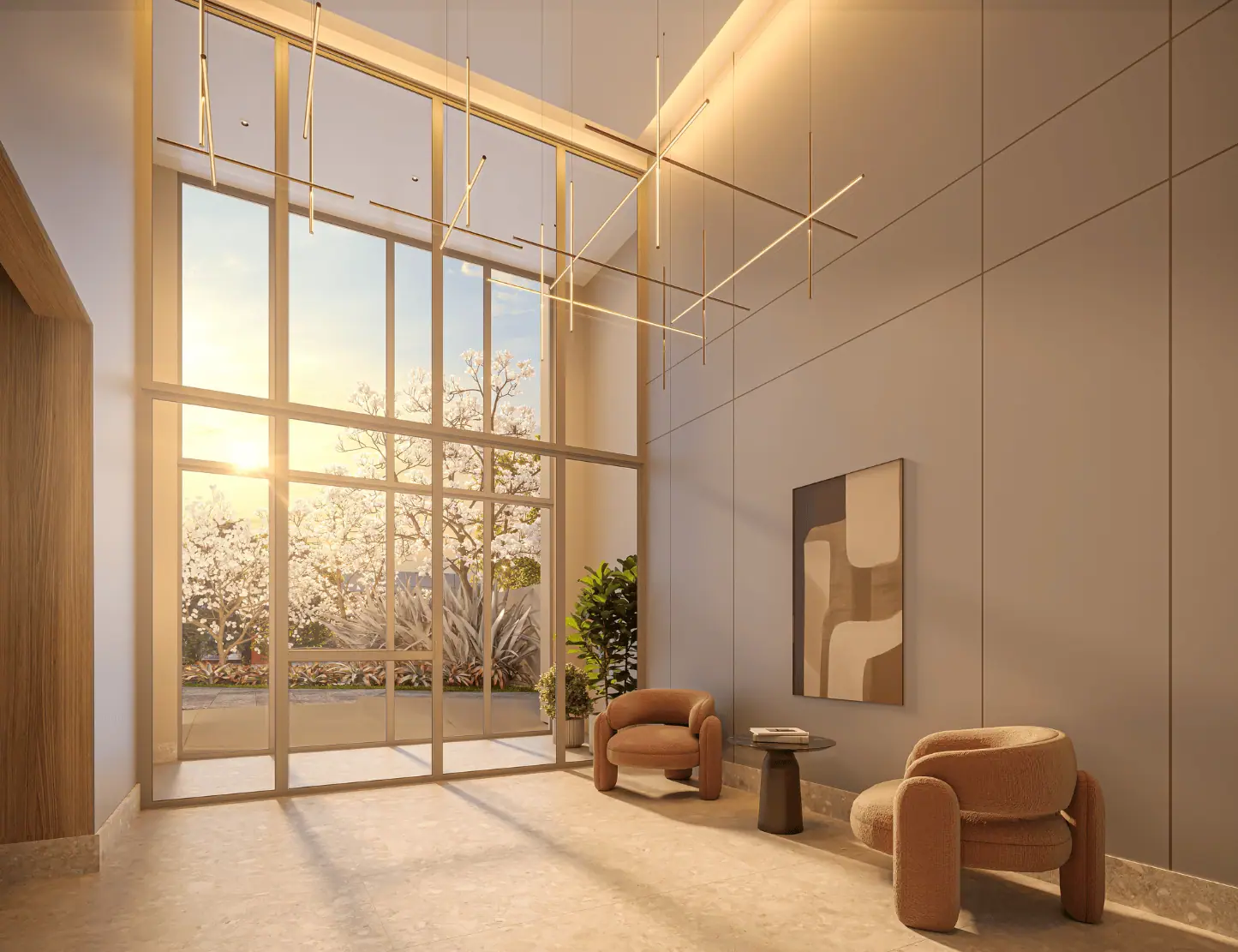 Lobby com pé direito duplo · Perspectiva artística