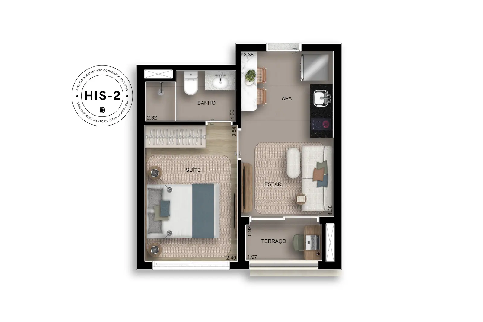 28m² I 1 Suíte · Perspectiva artística