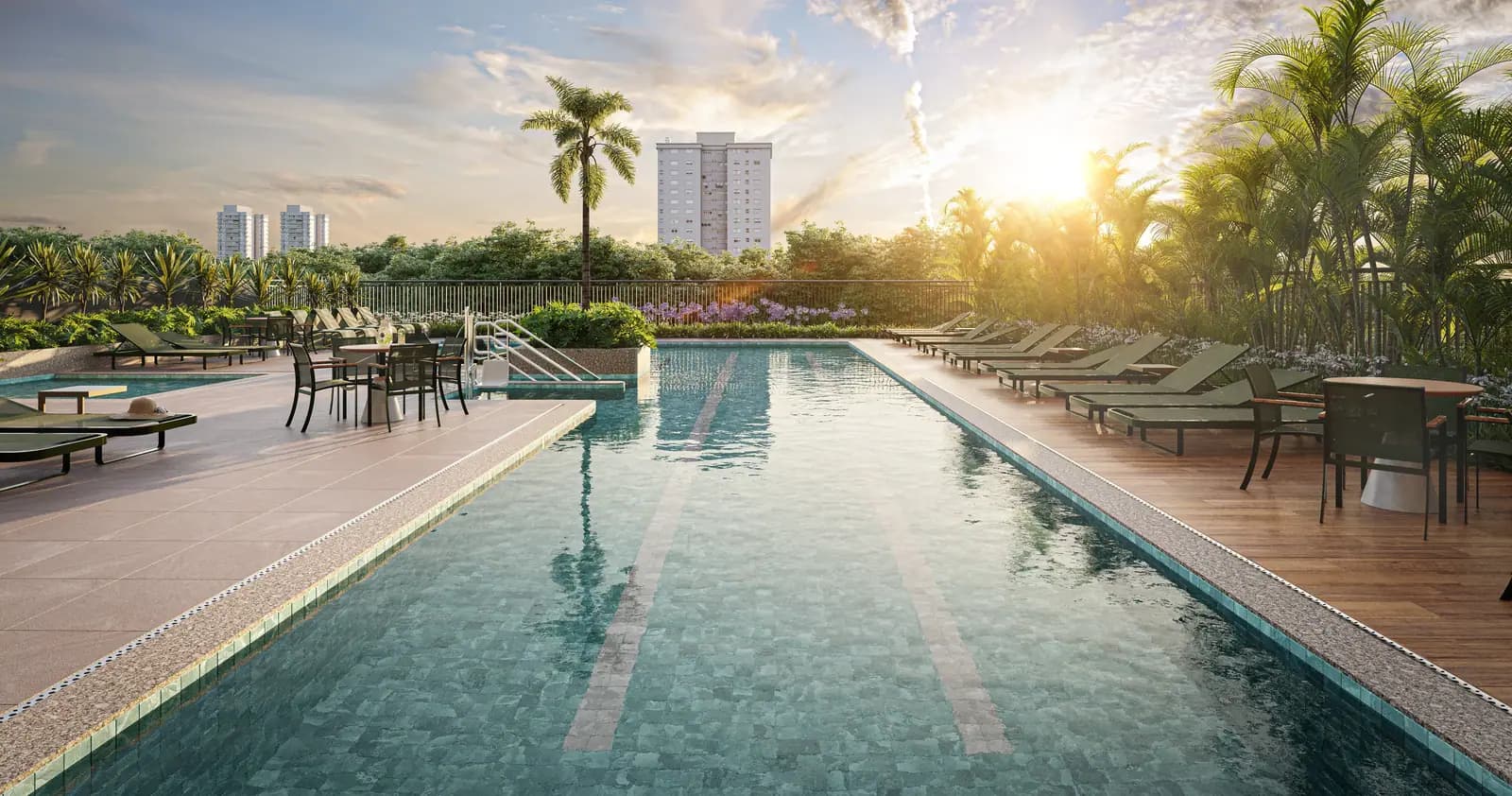 Piscina adulto e infantil, solarium, bar da piscina e deck molhado - Área exclusiva do residencial · Perspectiva artística