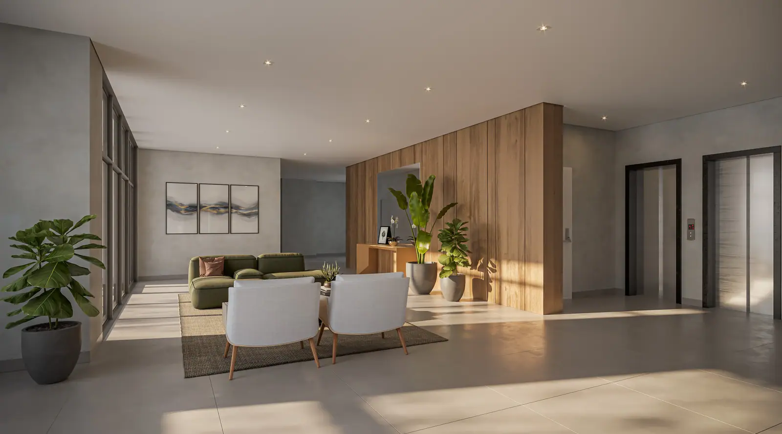 Lobby residencial · Perspectiva artística
