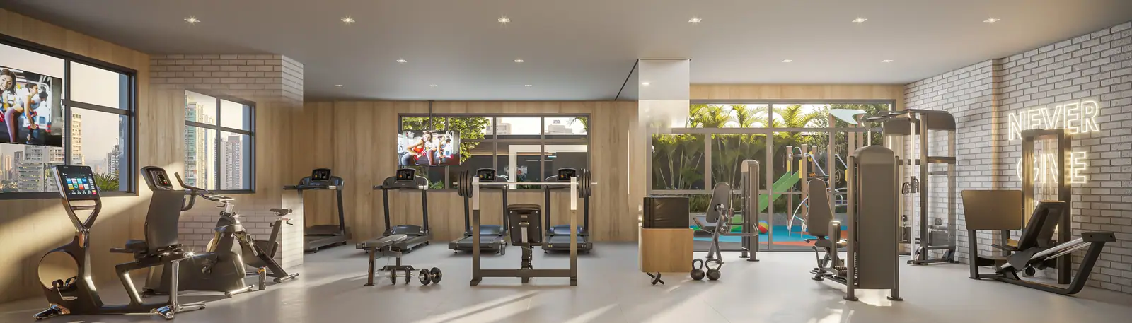 Fitness com 102m² - Área exclusiva do residencial · Perspectiva artística