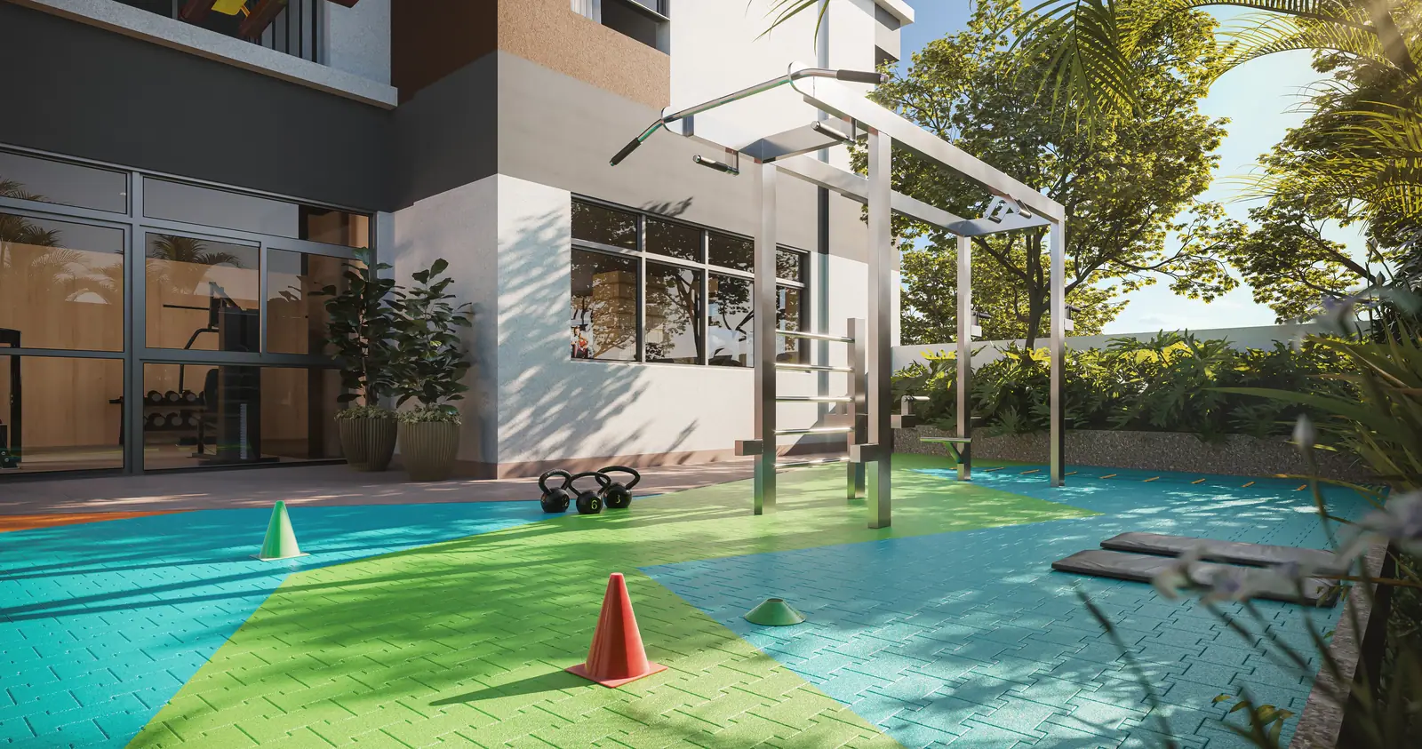 Fitness externo - Área exclusiva do residencial · Perspectiva artística