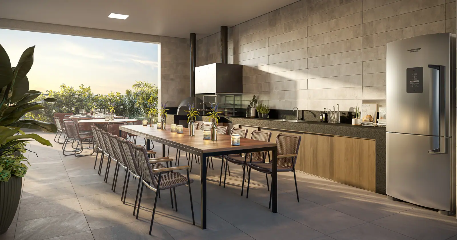 Churrasqueira com forno para pizza - Área exclusiva do residencial · Perspectiva artística