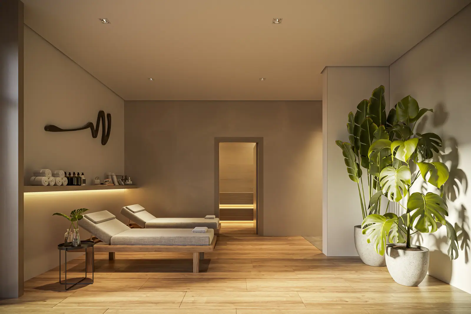 Descanso da sauna com ducha - Área exclusiva do residencial · Perspectiva artística