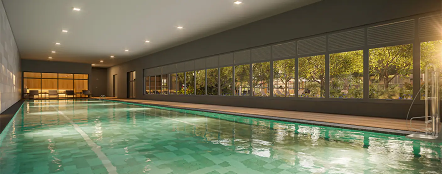 Piscina coberta com raia de 25m · Perspectiva artística