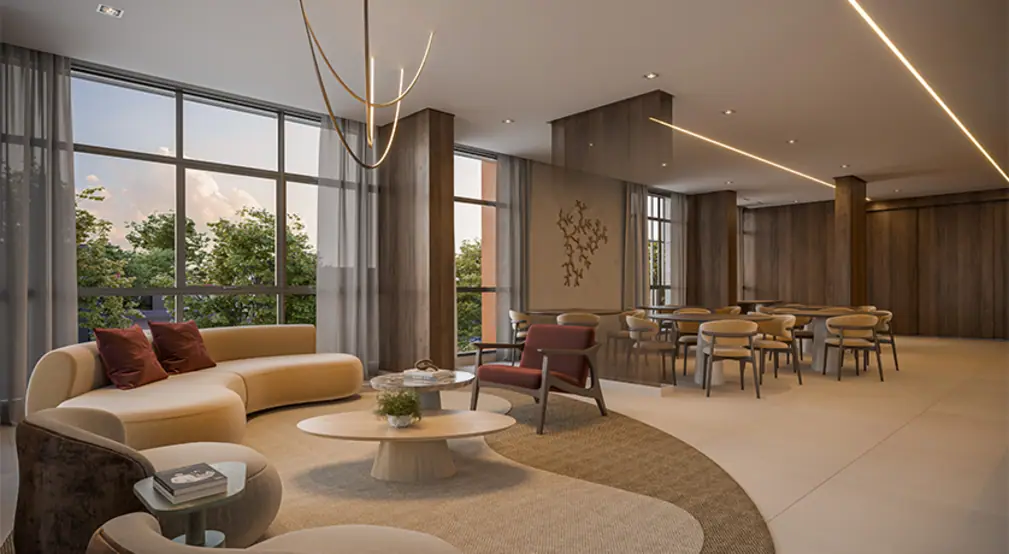 Salão de festas integrado com o espaço gourmet - Torre 1 · Perspectiva artística