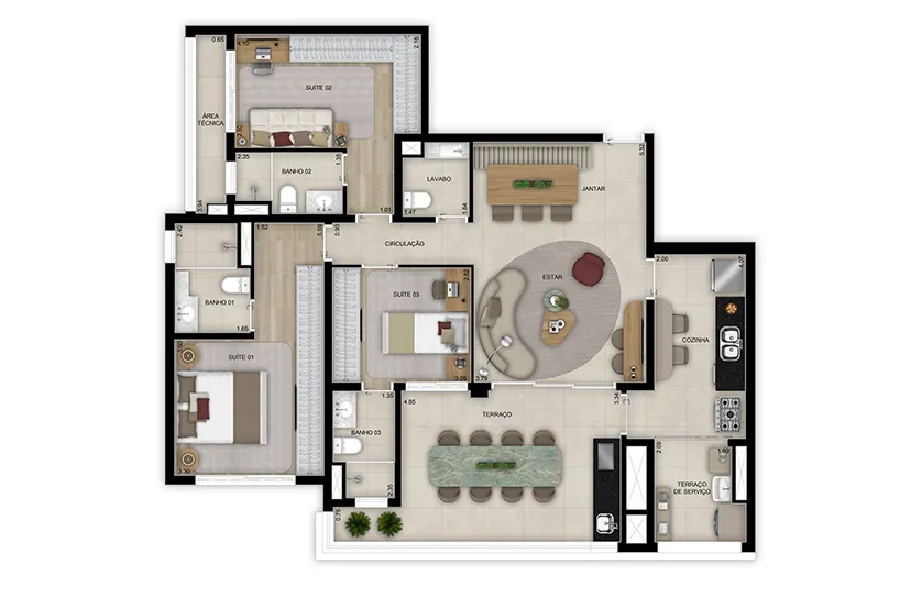 Planta de 3 suítes com lavabo - 120m² - Torre 2 · Perspectiva artística