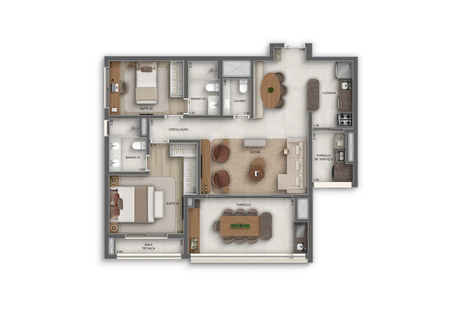 93m² | 2 suítes (Opção ampliada) · Perspectiva artística