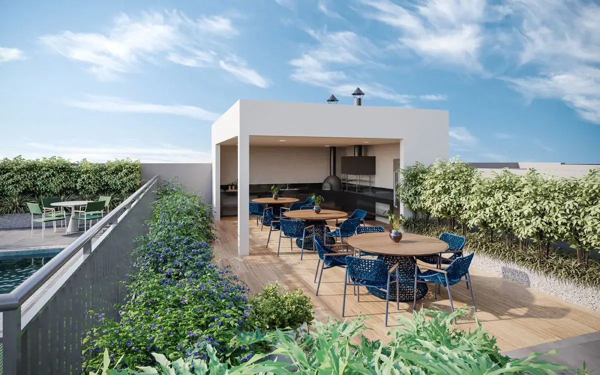 Churrasqueira com forno para pizza · Perspectiva artística