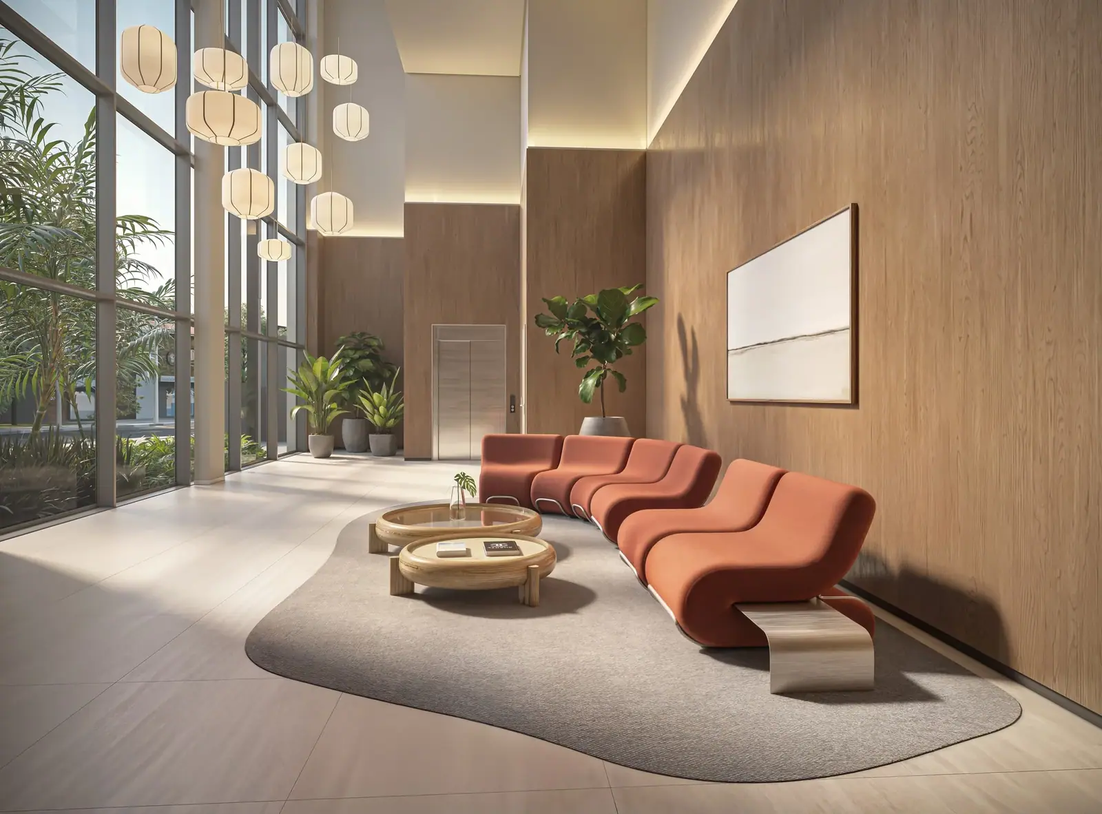 Lobby com pé-direito duplo · Perspectiva artística