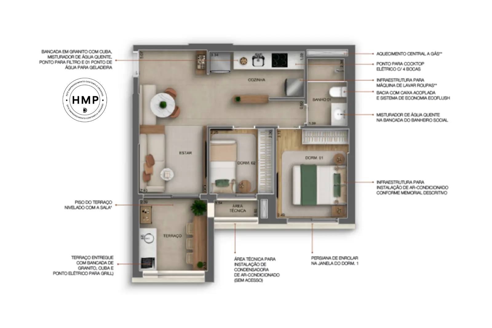 53m² | 2 Dorms · Perspectiva artística