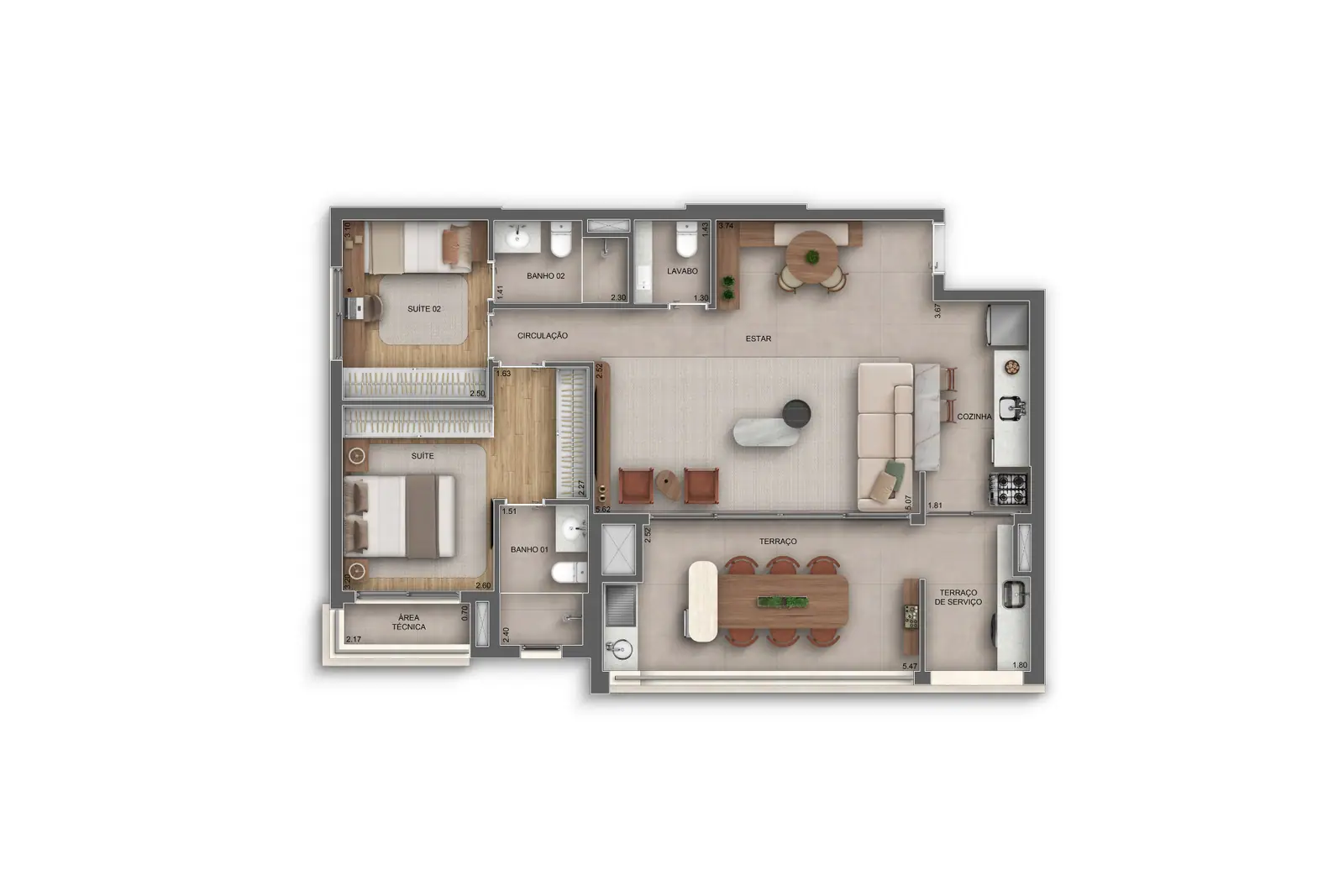 95m² | 2 Dorms. c/ lavabo (1 suíte) · Perspectiva artística