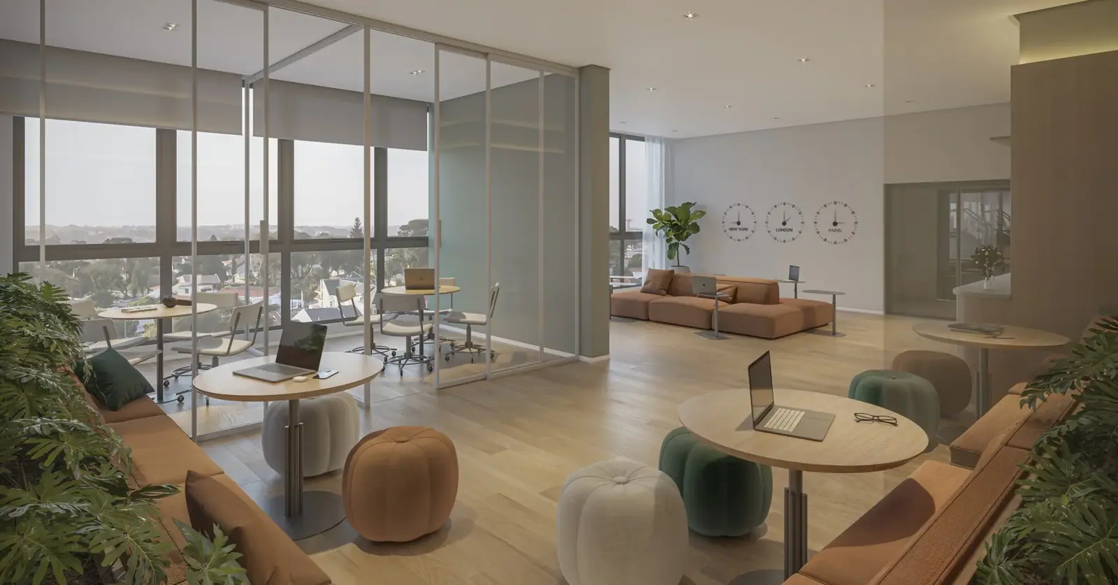 Coworking c/ salas de reunião · Perspectiva artística