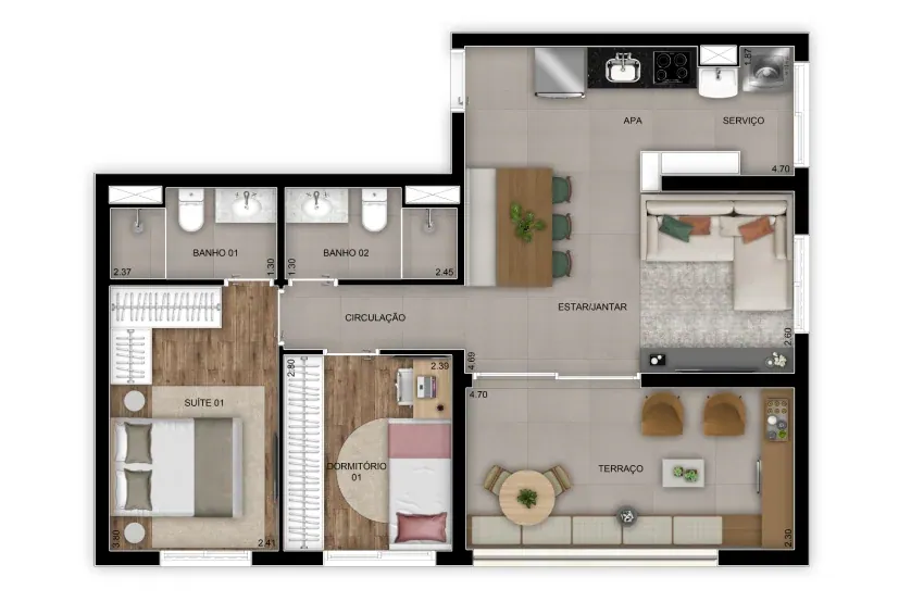 Planta 2 dorms. – 67m² - Finais 1 – torre 2 · Perspectiva artística
