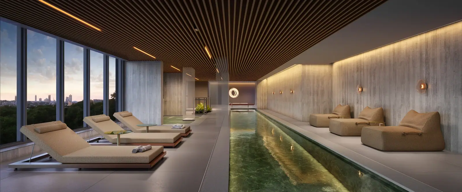 Piscina coberta e aquecida c/ raia de 25m² · Perspectiva artística