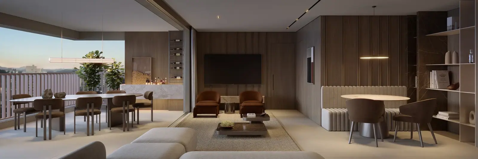 Living de 106m² do apto de 1 suíte · Perspectiva artística