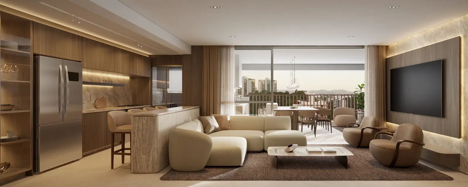 Living de 132m² do apto de 3 suítes · Perspectiva artística