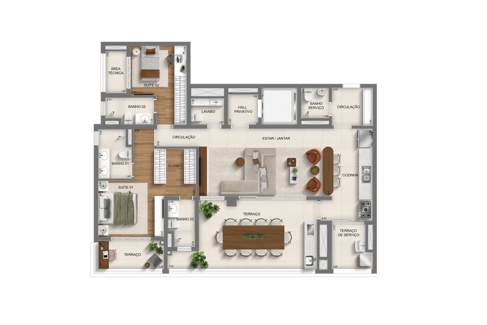 137m² | torre 1 ampliada | 2 suítes · Perspectiva artística