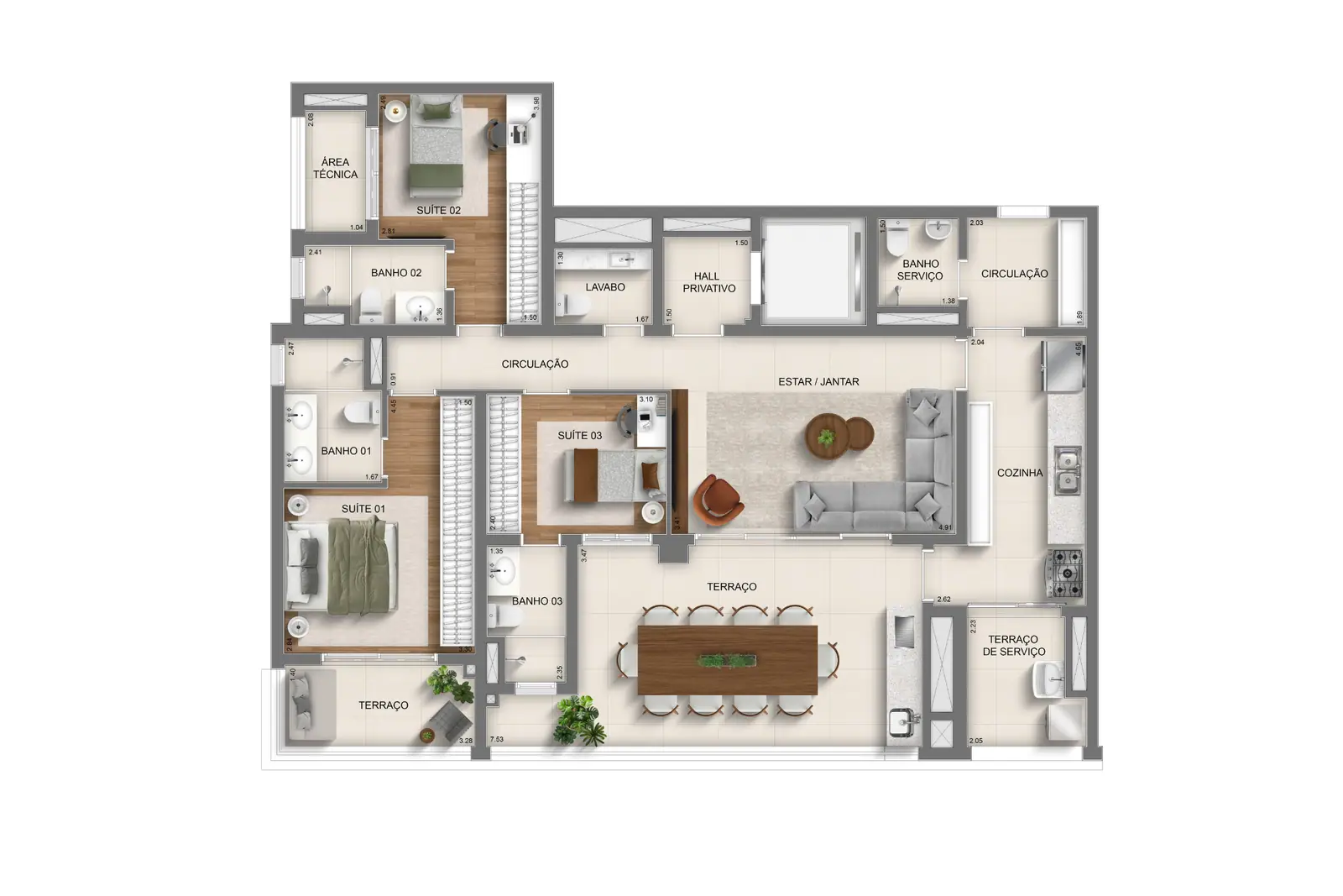 137m² | torre 1 padrão | 3 suítes · Perspectiva artística