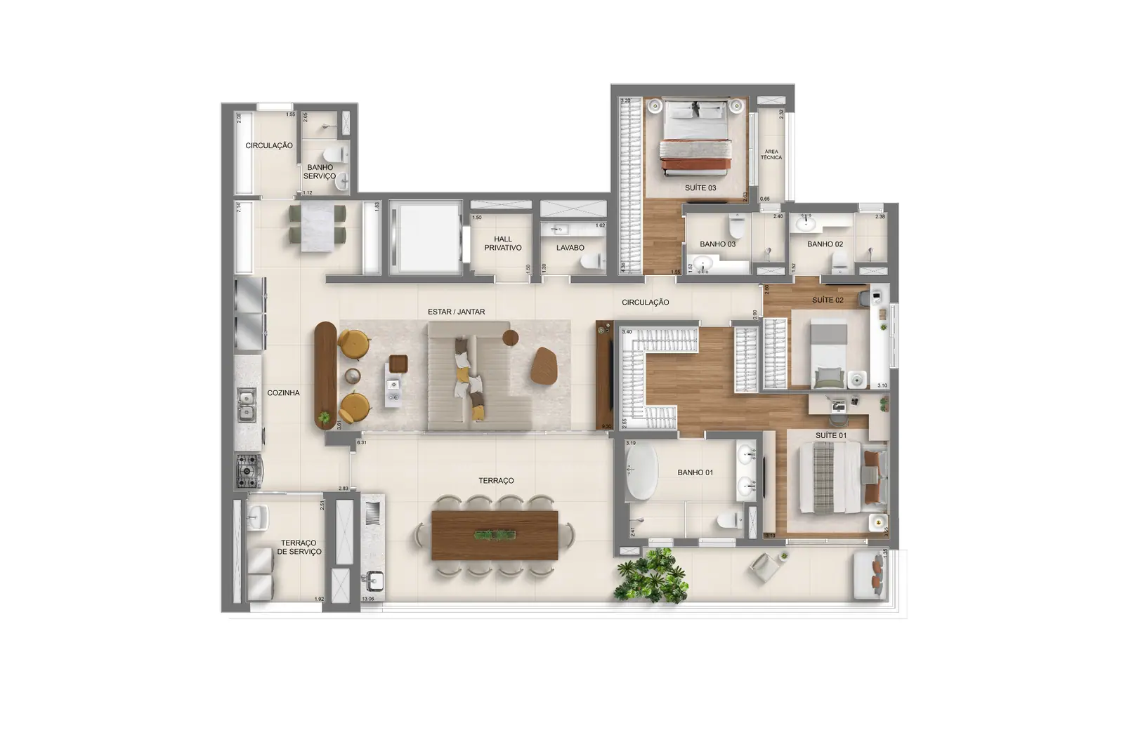 179m² | torre 1 ampliada | 3 suítes · Perspectiva artística