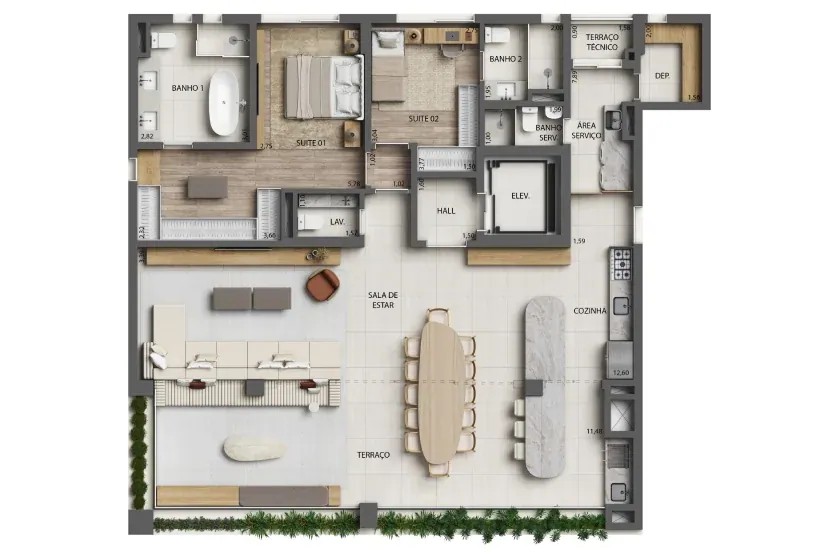 Planta 2 Suítes Opção Living Ampliado - 172m² - Finais 1 e 2 - Torre 1 · Perspectiva artística