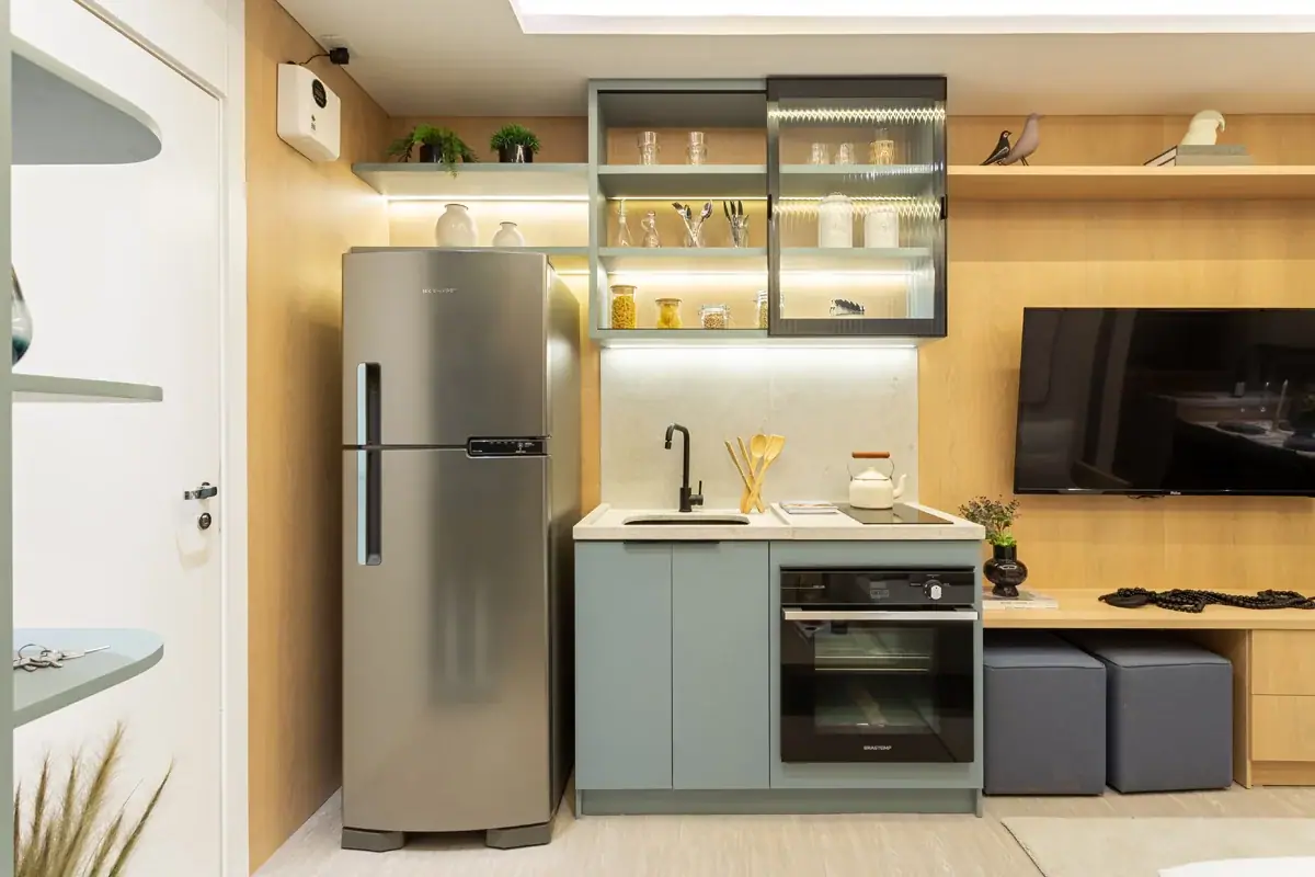 Área de preparação de alimentos do apartamento de 48m² · Foto do decorado
