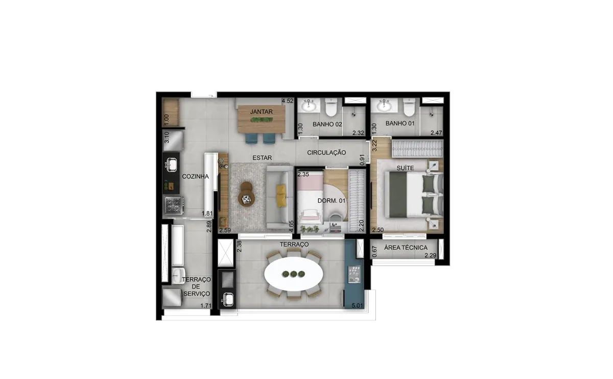 2 dorms. (1 suíte) 69m² - Torre 1, finais 4, 8 e 9 · Perspectiva artística