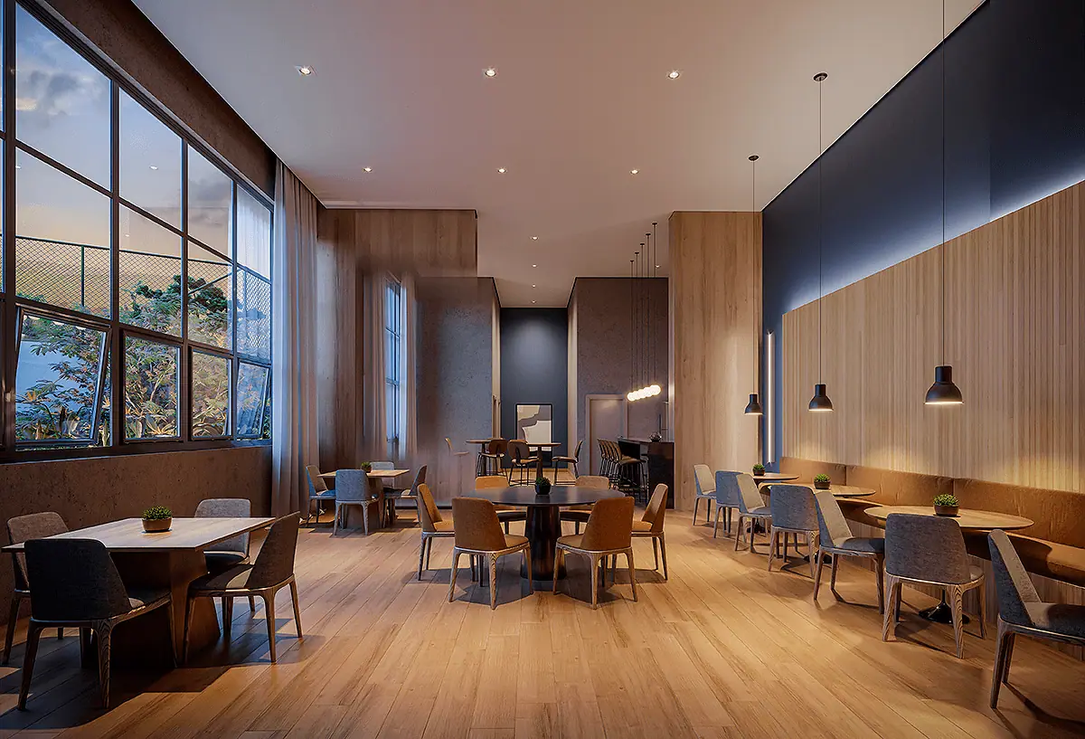 Salão de festas com pé-direito duplo e integração com espaço gourmet - Residencial | HIS - Térreo · Perspectiva artística