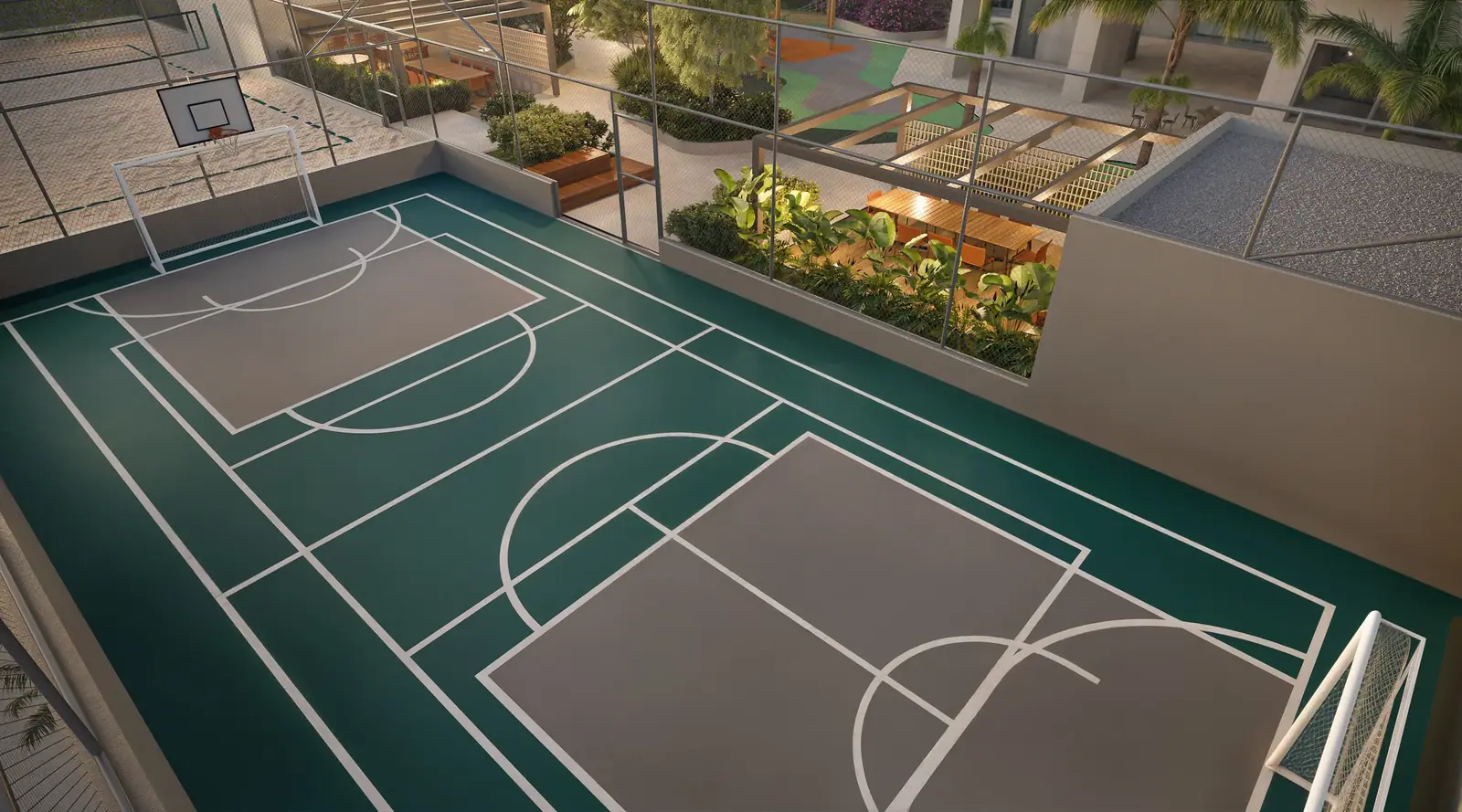 Quadra recreativa c/ marcação para Pickleball · Perspectiva artística