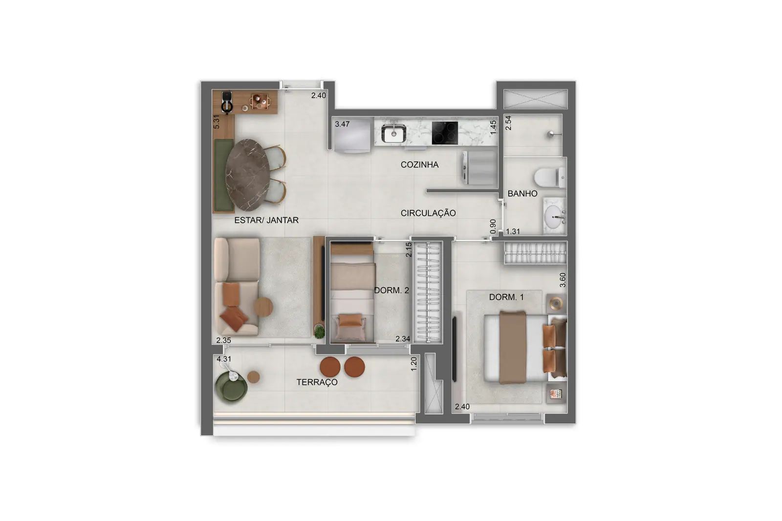 52m² | 2 Dorms. · Perspectiva artística