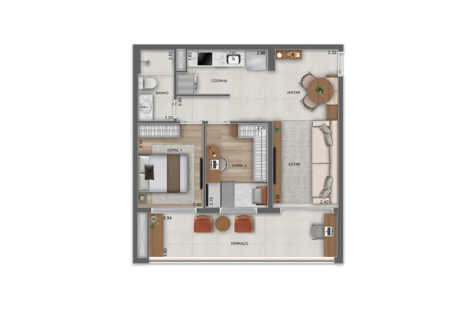 61m² | 2 Dorms. · Perspectiva artística