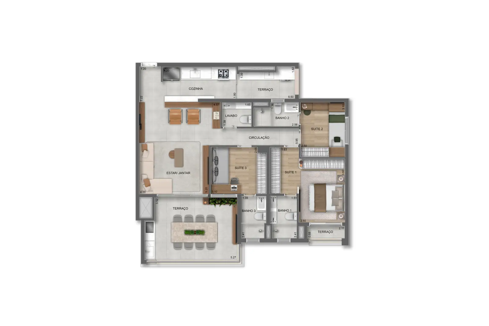 121m² | 3 suítes c/ lavabo · Perspectiva artística