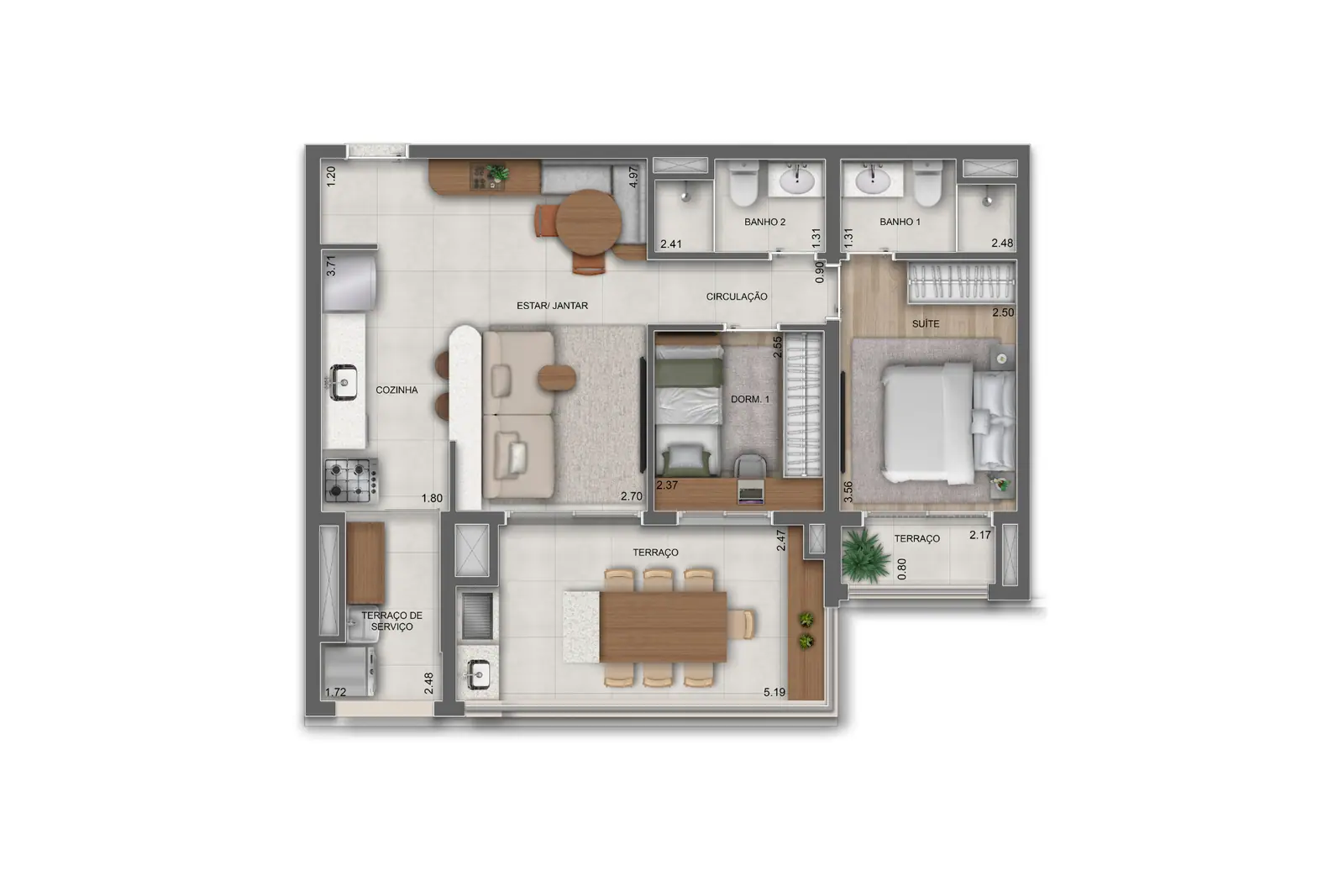 76m² | 2 Dorms. (1 suíte) · Perspectiva artística