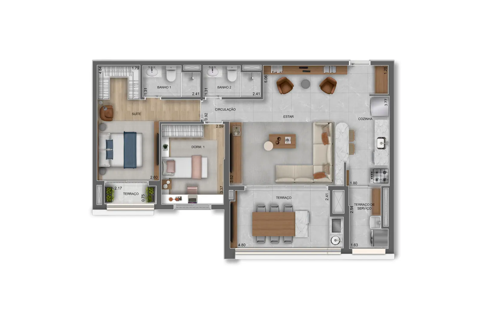 90m² | 2 Dorms. opção ampliada (1 suíte) · Perspectiva artística