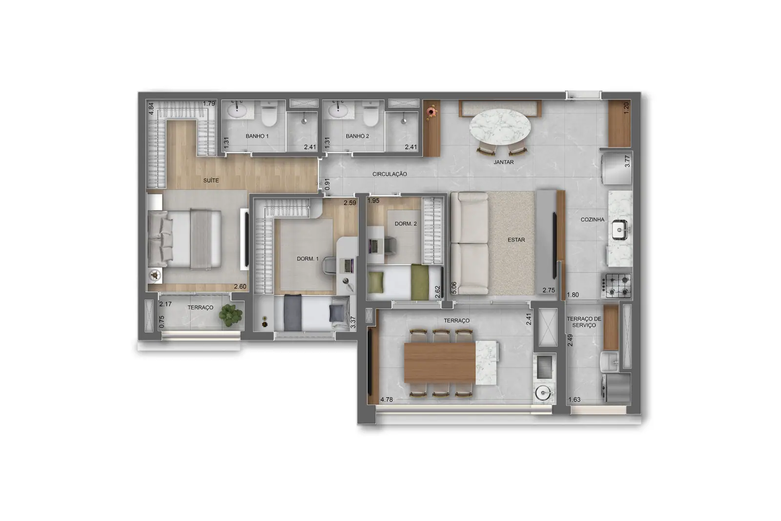 90m² | 3 Dorms. (1 suíte) · Perspectiva artística