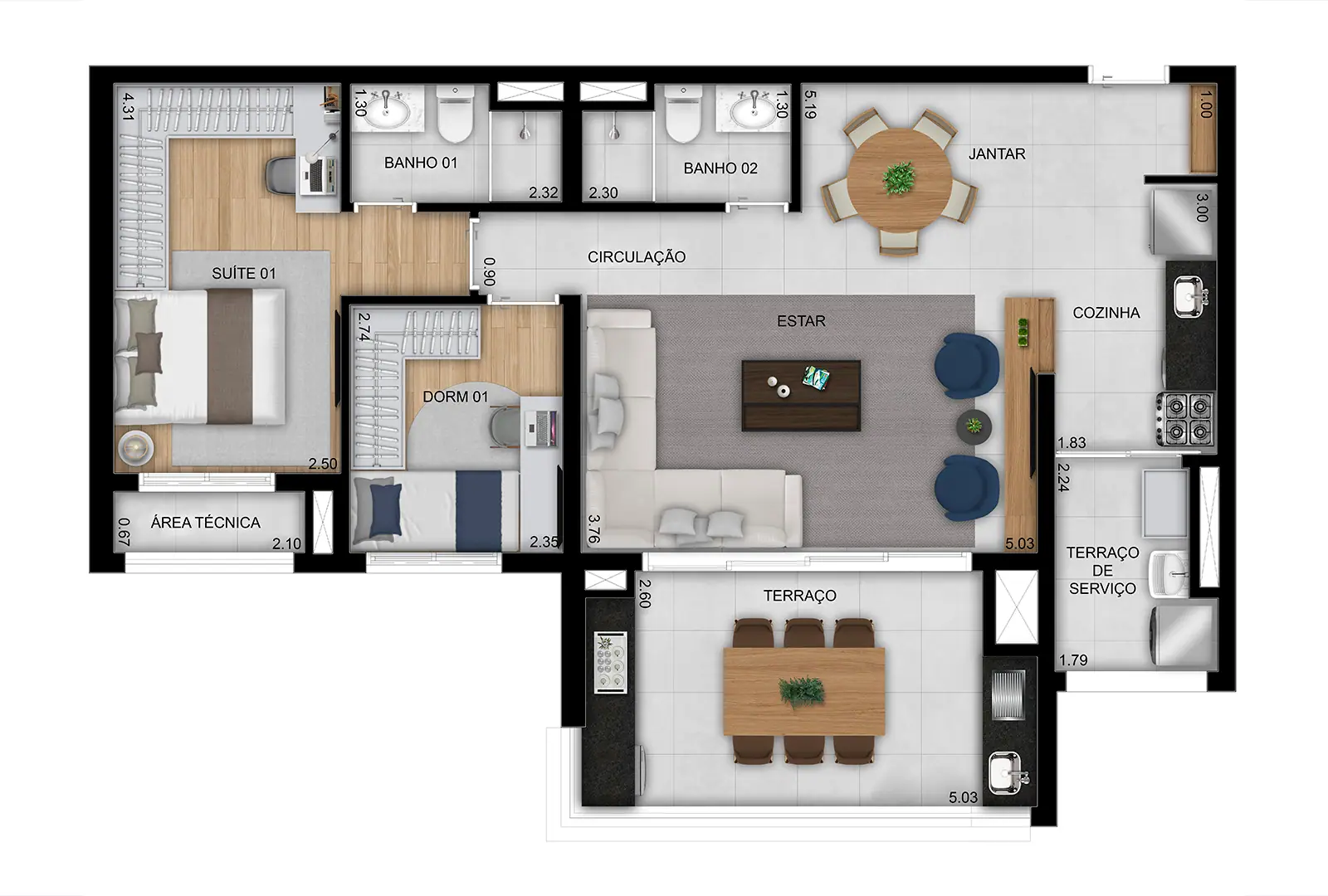 Opção ampliada 2 dorms. (1 suíte) do apto. de 86m² - Final 10 · Perspectiva artística