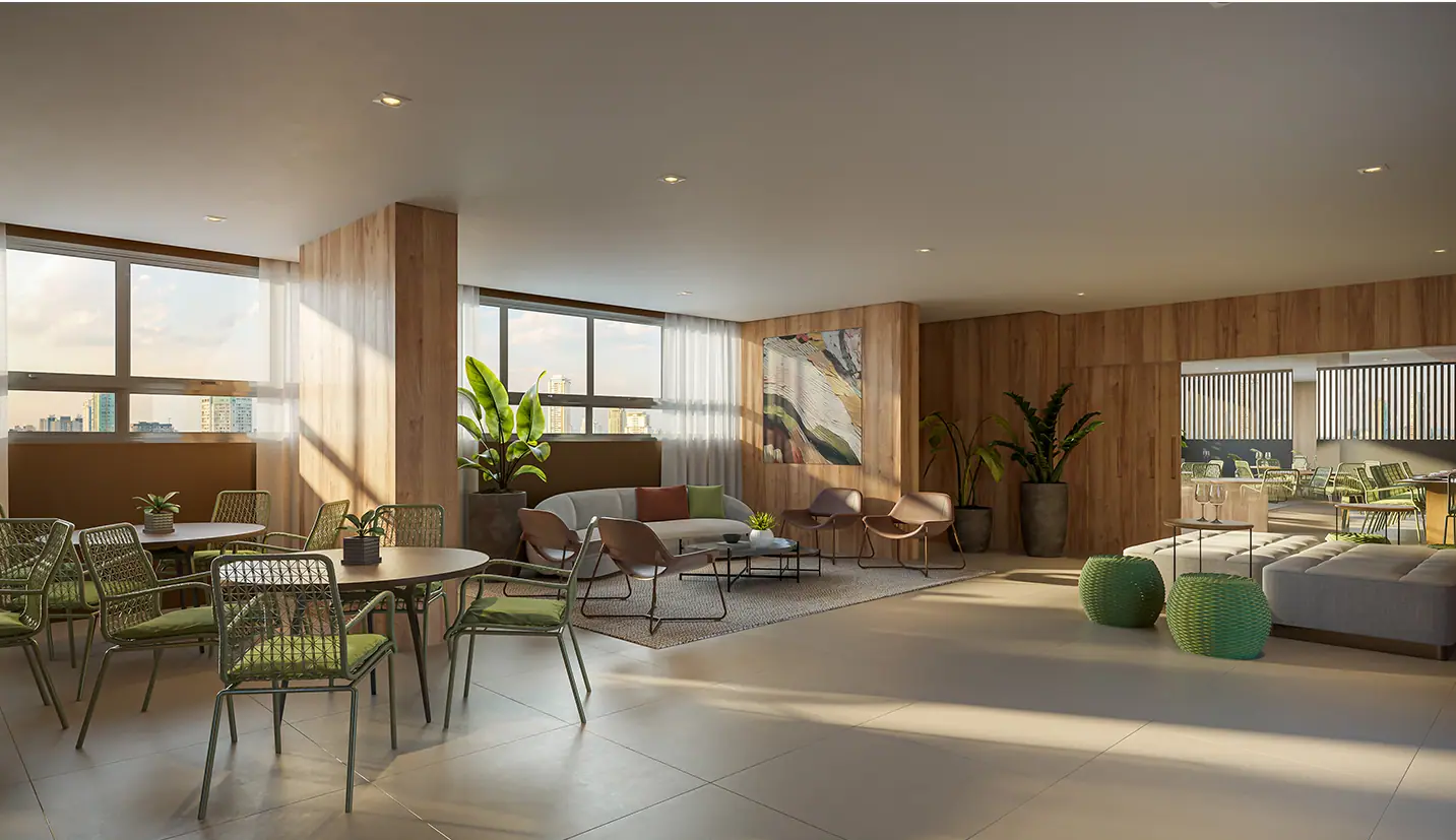Espaço gourmet integrado ao terraço com churrasqueira e SPA · Perspectiva artística