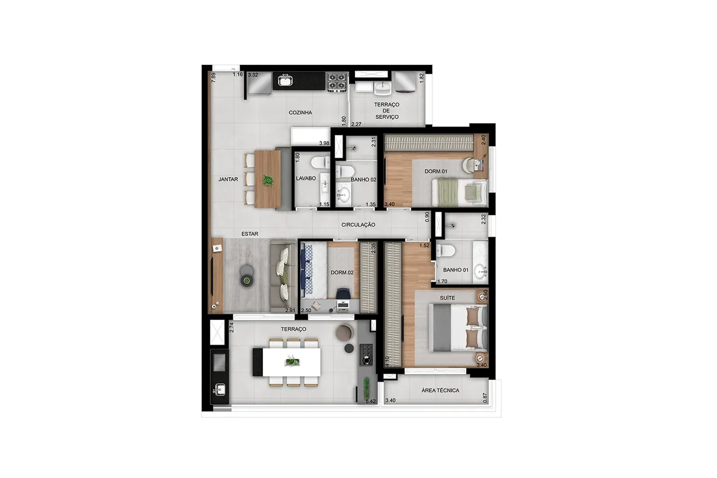 Planta de 3 dorms. (1 suíte) com lavabo - 100m² - Final 10 · Perspectiva artística